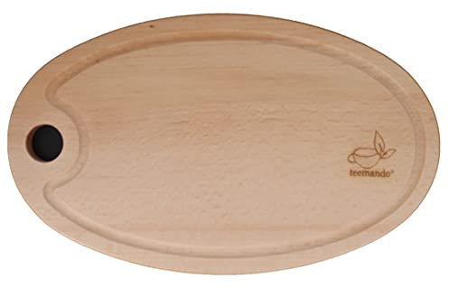 teemando® Schneidebrett oval, Holz mit Saftrille, geölt, plastikfreies Holzbrett aus heimischem Holz, Natur belassen, gefertigt in Europa, kein Bambus aus Asien, Küchenbrett, Hackblock, Tranchierbrett