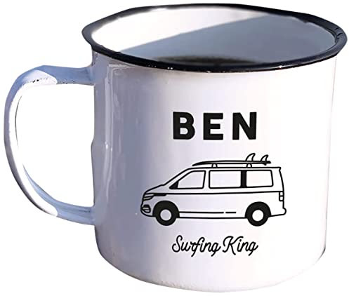 eBuyGB Personalised T6 Campervan Mug, 13oz Travel Camping Enamel Coffee Mug, Metal 380 ml Tea Camper Cup, Gifts for Him or Her, Any Name & Slogan Engraved