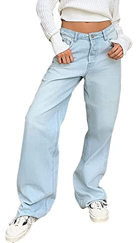 FUZUAA Baggy Jeans für Damen Hip Hop Lange Jeans Y2K Lose gerade Jeans Hohe Taillenjeans Bootcut Jeans mit weitem Bein Baggy Boyfriend Denim Streetwear Cargohose (Color : Light Blue, Size : L)