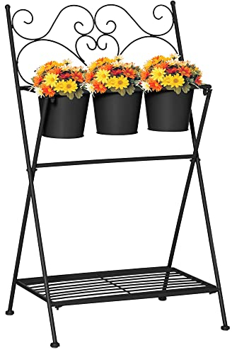 Outsunny Portapiante Scaffale in Metallo Pieghevole, Set Vasi per Piante con Ripiano per Casa e Giardino, 47x37x78.5cm, Nero