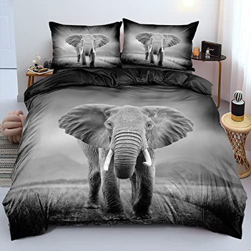 Gezu Bettwäsche 155x220cm Elefanten Motiv Grau Kinder Erwachsene Wende Bettwäsche Set 3D Effekt Druck Microfaser Bettbezug und 2 Kissenbezüge 80x80cm mit Reißverschluss