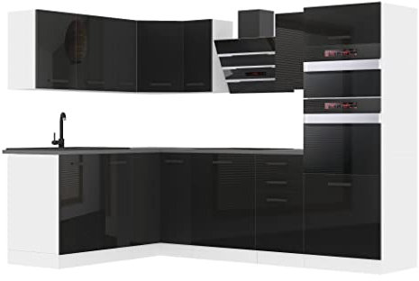 Belini Küchenzeile Küchenblock Küche L-Form Melanie Küchenmöbel mit Griffe, Einbauküche ohne Elektrogeräten mit Hängeschränke und Unterschränke, mit Arbeitsplatten, Schwarz Hochglanz
