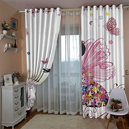 ZAPVI Fenster Vorhang Schlaufen-Vorhang Schmetterlinge & Mädchen Dekorative Gardine Schlaufenschal Fenster-Schal 2er Set Größe:2 x B75 x H166cm