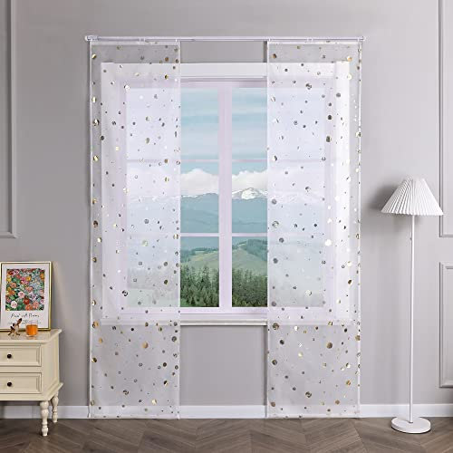 Delien Schiebevorhänge 2er Set Transparente Schiebegardinen Modern Flächenvorhänge Küche »Bubble« Wohnzimmer Vorhang Landhaus Fenster Gardinen Schals mit Klettband BxH 57x145cm,Gold