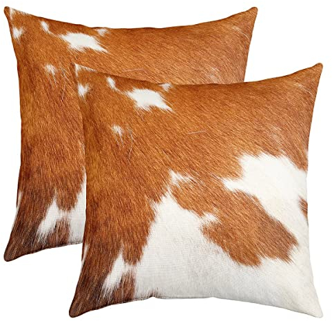 2er Set Kissenbezüge Kuhfell Kissenbezüge 40x40cm Kuhfell Bauernhof Western Rustic Wildtiere Tierhaut Dekokissen für Wohnzimmer Dekor Kissenhülle Kissenbezug Umkehrbar Weiß Braun Wurf Dekokissen