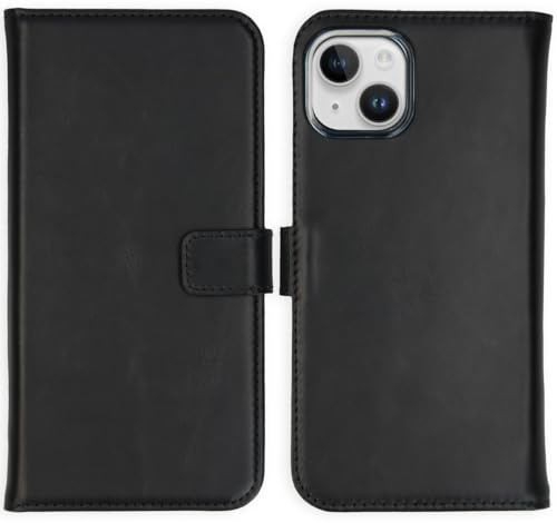 SELENCIA Bookcase Hülle kompatibel mit iPhone 15 – Era Leder Handytasche Side Flip Case – Handyhülle aus Rindsleder in Schwarz [3 Kartenfächer, Magnetverschluss]