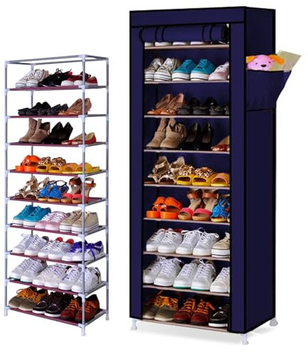 SNOWDVANCE Zapatero de 10 Niveles - Organizador con Cubierta de Tela 30cm X 60 cm X 160cm,Armario de Zapatos para Ahorra Espacio y Resistente al Polvo (Azul)