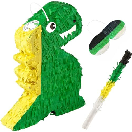 Dino Pinata Set mit Augenbinde und Schläger Pinjatta Dino zum Aufhängen Ideal zum Befüllen Pinjata für Kinder Perfekt für Geburtstag Spiele Spass Hochzeit Deko (44 x 32 x 8 cm)