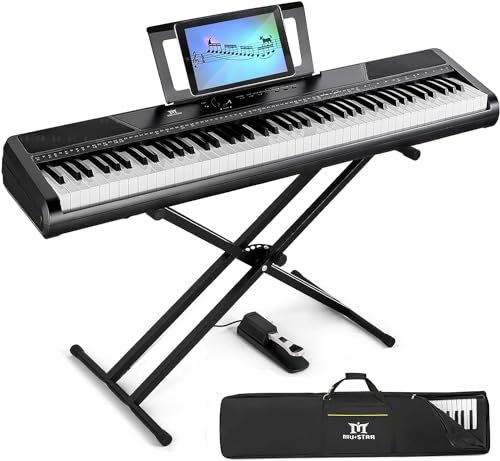 MUSTAR Piano digital de 88 teclas con sensibilidad táctil de soporte, piano eléctrico portátil de 88 teclas, teclado semiponderado para principiantes, 2 altavoces estéreo de 25 W, funda de transporte,