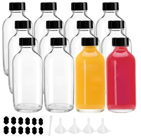 YBCPACK 12 Pack 4oz Glass Bottles with Lids, 120ml Small Ginger Shot Bottles with Funnel, Chalk Labels, Pen, Clear Shot Jars for Juice, Essential Oil, Vanilla Extract