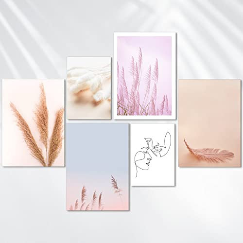 AREDE Set di 6 Stampe da Parete Quadri Moderni Decorazioni da Muro per Casa Soggiorno Camera da Letto e Cucina ''Fiori Rosa Pastello ''| 4 x A4 (21x30cm) + 2 x A5 (15x21cm) | senza Cornici