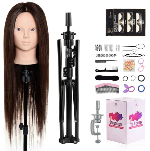 Neverland 71cm Frisierkopf Schminkkopf 60% Echthaar mit Übungskopf Ständer | Puppenkopf zum Frisieren und Schminken für Professionelle Friseure Einsteiger, mit Tischklemme, Wimpern und Haar-Styling-Set