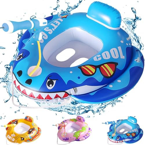 Pool Schwimmring Kinder, Baby Schwimmhilfe mit Wasserpistole, Schwimmsitz, Baby Float, Aufblasbarer Schwimmreifen, Kleinkind Blau Hai Schwimmhilfe Spielzeug Kinder 3-8 Jahre