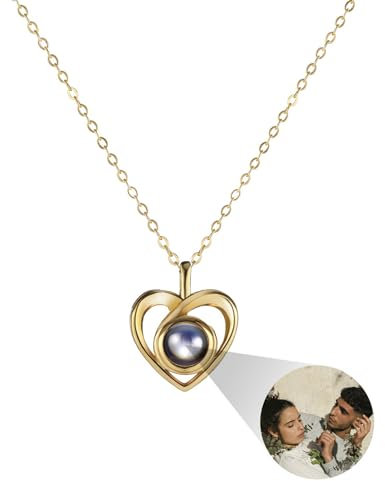 MMXX Personalisierte Projektion Halskette mit Bild im Inneren für Frauen 925er Sterling Silber Foto Halskette Bild Versteckte Gedenkkette Ich Liebe Dich 100 Sprachen (A2: Gold)