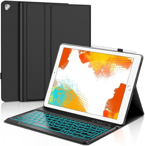 JADEMALL Coque Clavier pour iPad Pro 12.9 2015/2017 (1st/2nd Generation), AZERTY Clavier Rétro-éclairé Bluetooth Détachable pour iPad Pro 12.9 2017/2015, Noir