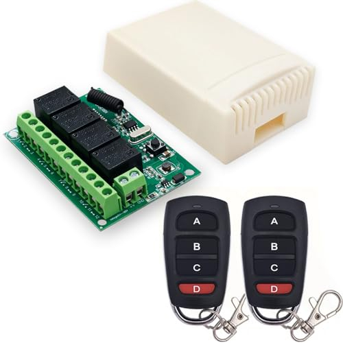 QIACHIP Interruptor de control remoto inalámbrico DC 12V 24V 10A 4 canales 433Mhz receptor relé de radiofrecuencia con 2 transmisores para la luz, puerta de garaje, motor, toldo