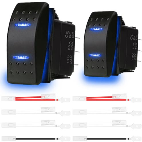 MKBKLLJY 2St. Momentan-Wippschalter Kippschalter (EIN)-Aus-(EIN) 3Positionen Wasserdicht DC 12V/20A 24V/10A 7Pin DPDT Blaues LED Licht mit Überbrückungskabel Set für Marine Boot Auto