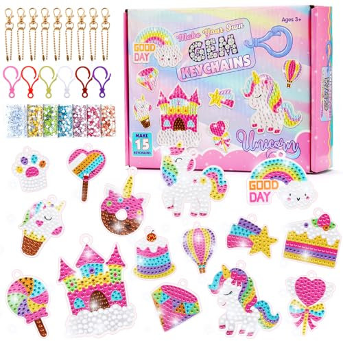 Maomaoyu DIY 5D Diamond Painting Enfant, 15PCS Diamond Painting Porte-clés de Loisirs Créatifs, Diamant Peinture comme Cadeaux & Jouet pour Fille 5 6 7 8 9 Ans, Licorne