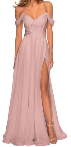 SAYNO Robe de demoiselle d'honneur en mousseline de soie à épaules dénudées pour mariage avec poches et col en V longue robe de soirée formelle, vieux rose, 38