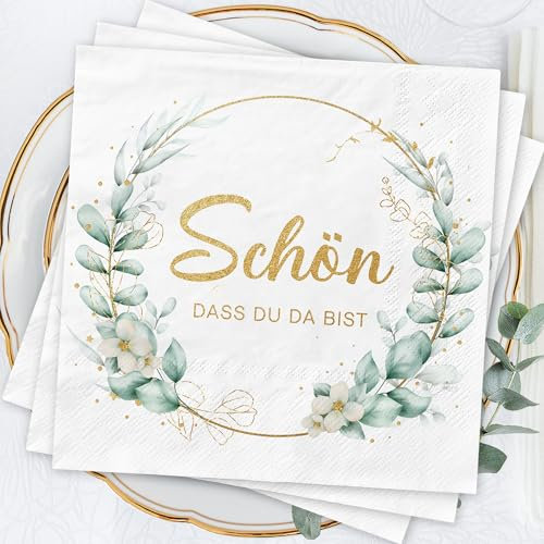 Servietten Schön Dass Du Da Bist 80Stück 3-lagig Grün Eukalyptus Servietten Hochzeit Geburtstag Taufe Geburtstag Deko Servietten Salbeigrün mit Spruch Kommunion Konfirmation Tischdeko 33x33cm