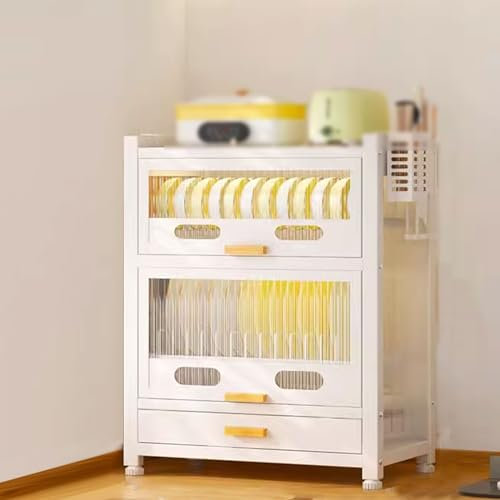 Küchenregal Stehend Schmal Eckregal Küche Arbeitsplatte mit Geschirrkorb Verstellbare Füße, für Gewürze, Pfannen und Töpfe(White,52 * 28.5 * 70CM)