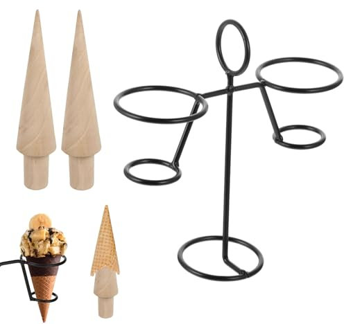 Lumeclat Set de 3 pièces pour cornets de glace en bois, comprenant 2 rouleaux pour cônes de gaufres et un support de présentation pour crème glacée, moule à gaufres en bois, outils DIY pour cornets