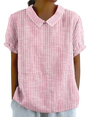 Générique Chemise Lin Femme Été Chemise Rose Femme Dentelle Haut Hauts Rétro Rayé Bouton Arrière Haut Ample Chemise Décontractée T-Shirt Chemise Lin Femme Été Chemise Rose Femme