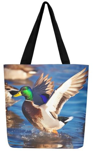 Homewish 3D Mallard Ente Einkaufstasche Ente Jagd Make-Up Tasche, Bauernhof Tier Leinwand Tasche Fluss See Haus Lebensmitteltasche, Wild Bird Leinwand Einkaufstasche Rustikale Bauernhaus Dekorative