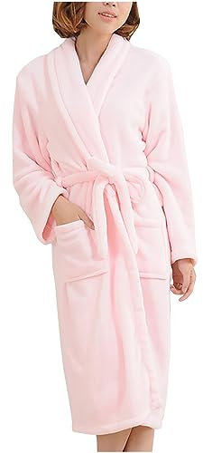 Keepink Peignoir long pour femme - Léger - Kimono en flanelle - Polaire moelleuse - Doux et confortable - Avec poches - Grande taille 38-46, 2 roses, 38