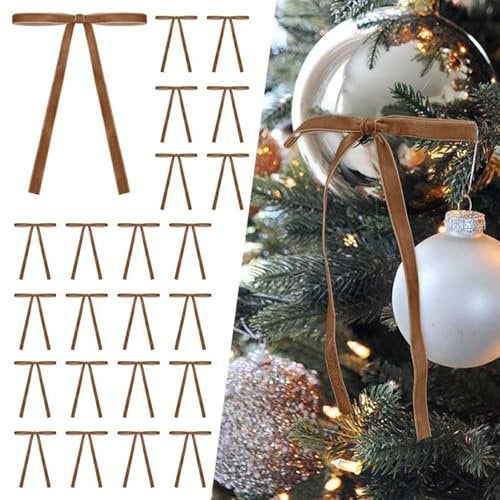24 Pcs Velvet Christmas Bows, 5 x 7 Inch Velvet Bows for Christmas Tree, Vintage Ribbon Velvet Bows for Wreaths, Gifts,Door, Garland, Home Decor, Christmas Tree Bows for Christmas (Brown)