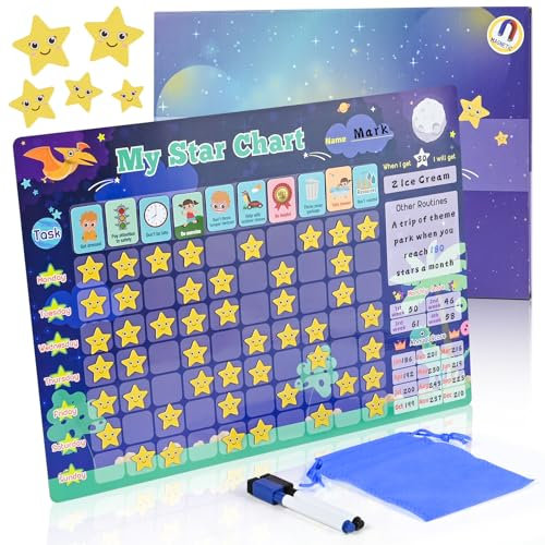 Zoelele Tabla de Recompensas para Niños, Dinosaurio Tablero Magnetico para Frigorífico, Montessori Agenda Semanal, con 30 Tareas + 70 Estrellas + 2 Rotulador Borrable, para Niños y Niñas (Azul)