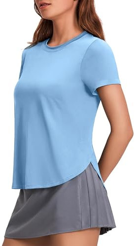 PINSPARK Sportshirt Damen Kurzarm Sport T-Shirt UPF 50+ Sonnenschutz Shirt Schnelltrocknend UV Shirt Laufshirt Seite Split Funktionsshirt Fitness Sport Oberteile S Hellblau