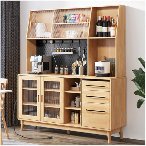 Armario alto de despensa de cocina con soporte para microondas, estación de carga deslizante, cajones y estantes de metal, muebles de madera para almacenamiento y organización de alimentos.