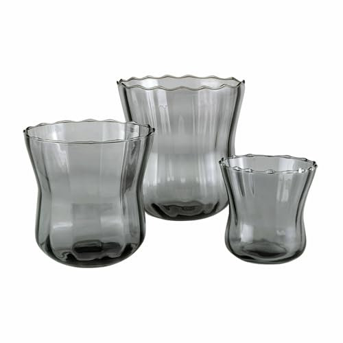 Loberon Windlicht 3er Set Lovire, DREI Größen, Mundgeblasen, Elegante Farbtönung, Beruhigende Atmosphäre, Geschwungene Formen, Kerzenhalter, Glas, grau