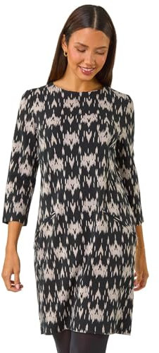 Roman Originals Spot Print Zip Pocket Jersey Dress for Women UK - Ladies Everyday Holiday Autumn Winter Round Neck 3/4 Sleeves Comfy Soft Evening Vacation Work Party Shift - Dark Grey Noir - Size 16