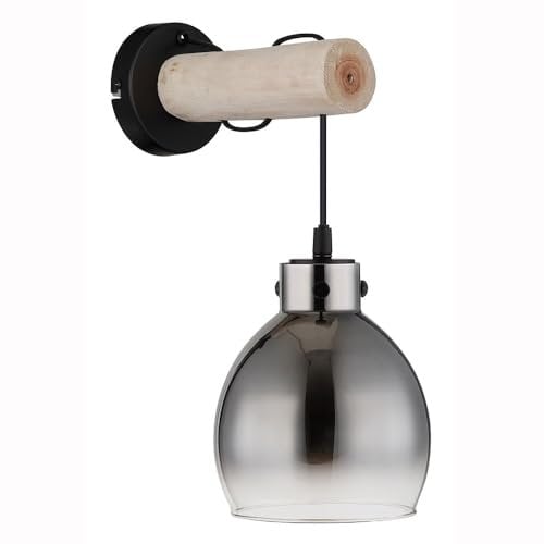 GLOBO Wall Light Bedroom Light Hallway Lamp Smoked Glass Wood Natural Black H 33 cm