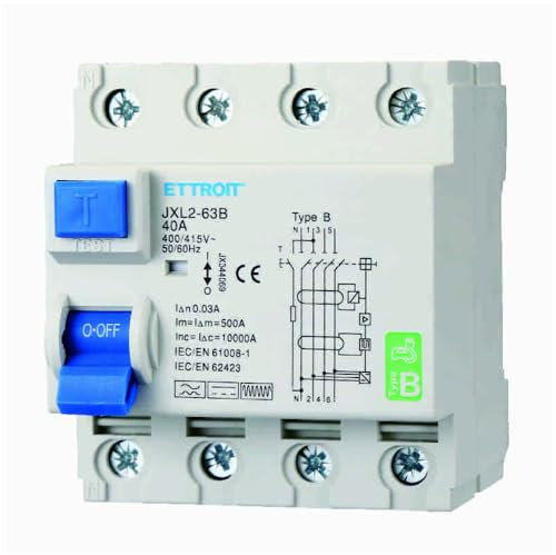 Interruttore magnetotermico differenziale puro 4P, 4 moduli, 380V AC/DC, 40A, 30mA, 6KA, curva B - Ettroit JX344069