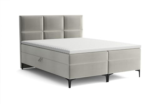 Imebel Boxspringbett mit Topper und 2 Bettkasten, Polsterbett, Doppelbett Hooby (hellgrau, 180x200 cm)