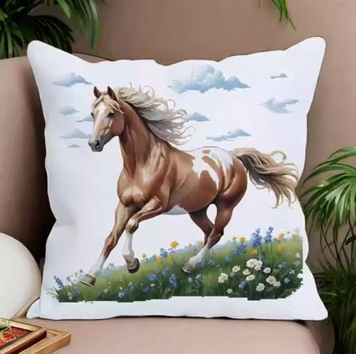 NAHUIGOOD Kreuzstich Stickpackungen Kissen Front Zum Selbersticken Mit Laufendes Pferd 45X45Cm Stickbild Auf 100% Baumwoll Stoff Und Stickgarn, Stickvorlagen