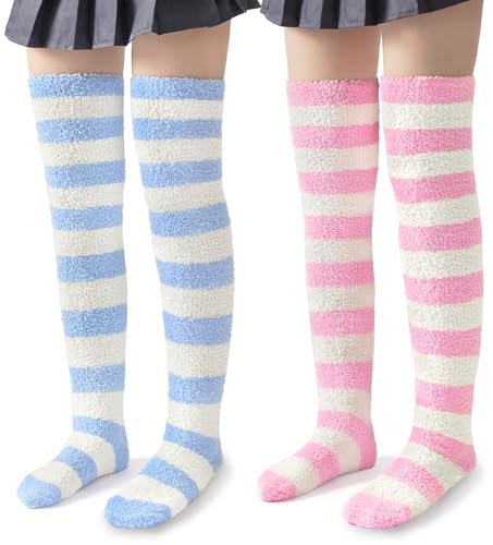 LittleForBig Niedliche kniehohe Streifensocken aus Coral Fleece Kniestrümpfe 2 Paar Set - Blau & Rosa