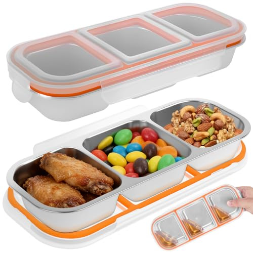 TNTGMG 2 Stück Snackbox mit Fächern,Edelstahl Snackbox to Go mit Kunststoff-Deckel,26,2×10,3×4 cm,Stapelbar Box,Lebensmittel Lagerung Box,Tragbare Snackdose für Schule,Arbeit(3 Fächer)