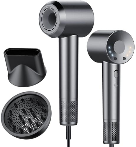 Aowoka High-Speed Hairdryer 110,000 RPM Ionic Hair Dryer with 3 Speed 3 Heat Setting,Hairdryers with Diffuser and Concentrator Nozzle for Women Man Gray
