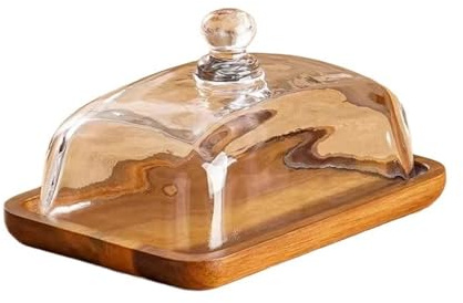 Butter Keeper Rectangular Wooden Butter Plate Glass Cover Yellow Oil Snack Dim Sum Cake Dessert Container(Dark Brown)