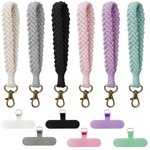 6 pezzi di cordino da polso, cinturino da polso per custodia del telefono, cordino per telefono cellulare in macramè boho, 6 colori con linguetta, catena anti-smarrimento fatta a mano per uomini e