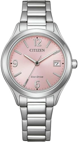Citizen Eco-Drive Damenuhr Edelstahl, Rosa, 33.5 mm, FE6121-67X | Analog Quartz, Kristallglas, 5 bar Wasserdicht, 240 Tage Gangreserve, Datum, Edelstahlband