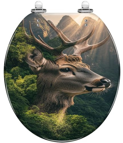 Dekorativer runder WC-Sitz mit natürlichem Hirsch-, Wald- und Bergmotiv aus Kunstharz, mit Absenkautomatik und Schnellverschlussscharnieren, einfache Montage