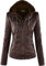 Newbestyle Faux Leather Jacket for Women Hooded Moto Biker Jacket Full-zip Long Sleeve Outwear Tops Dark Brown XL