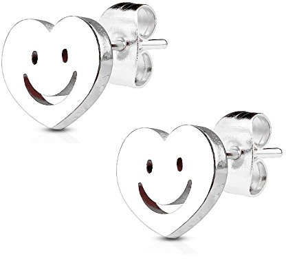 Bungsa silberne SMILEY OHRSTECKER - Herz Ohrringe silber mit lächelndem Gesicht - silberfarbene EDELSTAHL Ohrstecker - Emoji-Schmuck für Damen & Herren - lachendes Gesicht Ohrschmuck SET