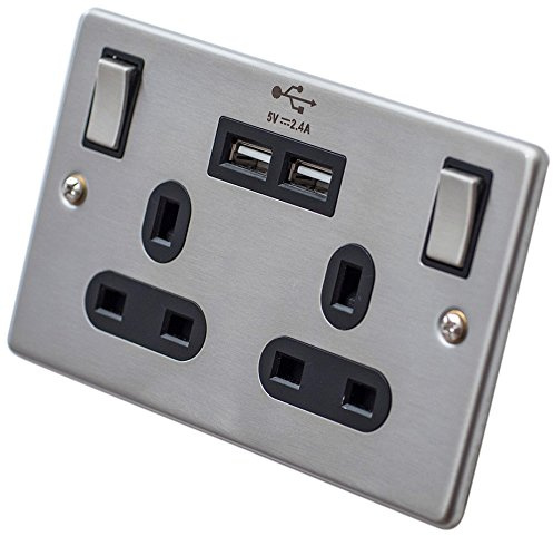 Steckdose 13 A Steckdose mit 2 USB-Ausgängen, Weiß Edelstahl