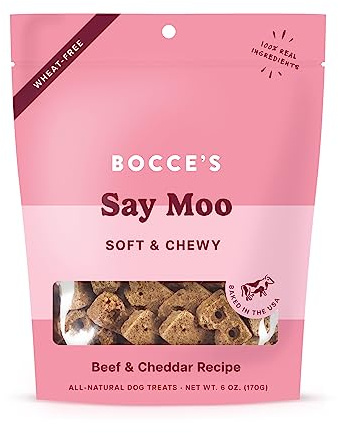 Bocce's Bakery Oven Baked Say Moo Treats for Dogs, Wheat-Free Everyday Dog Treats, Made with Real Ingredients, Baked in The USA, Natural Soft & Chewy Cookies, Beef & Cheddar Recipe, 6 oz